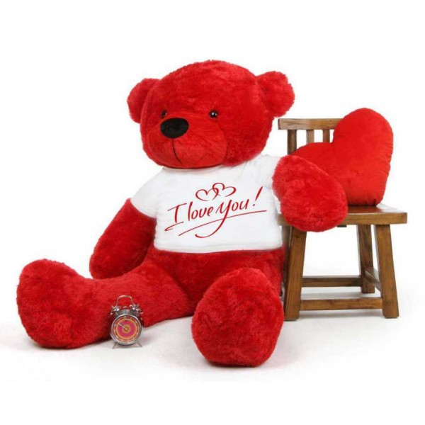 Red 5 feet Big Teddy Bear wearing a I Love You T-shirt